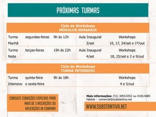 Próximas turmas
                                      Ciclo de Workshops
                                     MÓDULOS SEMANAIS

Turma      segundas-feiras      9h às 12h      Aula Inaugural            Workshops
Manhã                                              3/set           10, 17, 24/set e 1º/out
Turma      terças-feiras        19h às 22h     Aula Inaugural            Workshops
Noite                                              4/set           18, 25/set e 2 e 9/out

                                      Ciclo de Workshops
                                      TURMA INTENSIVO
Turma      quinta-feira         9h às 18h                                Workshops
Intensivo e sexta-feira                                                   4 e 5/out


                                                   Mais informações: (51) 3093.0352 ou 4100.4089
Consulte condições especiais para                  Fabíola - comercial@substantiva.net
           mais de 3 inscrições ou
           aplicações in-company                   www.substantiva.net
 