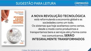 11| Professor MSc. Daniel de Carvalho Luz | daniel@universocorporativo.com.br | T. 15 9 9126 5571
A NOVA REVOLUÇÃO TECNOLÓGICA
está reformulando a economia global e as
sociedades como um todo.
Os sistemas que hoje aceitamos como certos,
desde o modo como produzimos e
transportamos bens e serviços até a forma como
nos comunicamos, SERÃO
INTEGRALMENTE TRANSFORMADOS
SUGESTÃO PARA LEITURA
 
