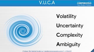 Volatility
Uncertainty
Complexity
Ambiguity
19| Professor MSc. Daniel de Carvalho Luz | daniel@universocorporativo.com.br | T. 15 9 9126 5571
V.U.C.A
 