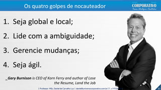30| Professor MSc. Daniel de Carvalho Luz | daniel@universocorporativo.com.br | T. 15 9 9126 5571
1. Seja global e local;
2. Lide com a ambiguidade;
3. Gerencie mudanças;
4. Seja ágil.
_Gary Burnison is CEO of Korn Ferry and author of Lose
the Resume, Land the Job
Os quatro golpes de nocauteador
 