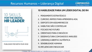37| Professor MSc. Daniel de Carvalho Luz | daniel@universocorporativo.com.br | T. 15 9 9126 5571
Recursos Humanos – Liderança Digital
10 HABILIDADE PARA UM LÍDER DIGITAL DE RH
1. PENSAMENTO ESTRATÉGICO
2. CURIOSO, RÁPIDO PARA APRENDER & AGIL
3. DISPOSTO EM ASSUMIR RISCOS
4. HABILITAR, NÃO CONTROLAR
5. FOCADO NO FUTURO
6. ORIENTADO PARA O NEGÓCIO
7. DESENVOLTURA COM DADOS E ANÁLISES
8. LIDERANÇA ABERTA E AUTÊNTICA
9. SENSIBILIDADE HUMANA
10.INFLUENCIAR E NEGOCIAR
PUBLICADO POR META FOUR 2018
 
