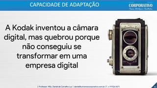 A Kodak inventou a câmara
digital, mas quebrou porque
não conseguiu se
transformar em uma
empresa digital
46| Professor MSc. Daniel de Carvalho Luz | daniel@universocorporativo.com.br | T. 15 9 9126 5571
CAPACIDADE DE ADAPTAÇÃO
 