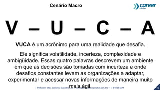 19| Professor MSc. Daniel de Carvalho Luz | daniel@universocorporativo.com.br | T. 15 9 9126 5571
V – U – C – A
VUCA é um acrônimo para uma realidade que desafia.
Ele significa volatilidade, incerteza, complexidade e
ambigüidade. Essas quatro palavras descrevem um ambiente
em que as decisões são tomadas com incerteza e onde
desafios constantes levam as organizações a adaptar,
experimentar e acessar novas informações de maneira muito
mais ágil.
Cenário Macro
 