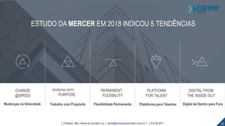 WORKING WITH
PURPOSE
PERMANENT
FLEXIBILITY
Mudanças na Velocidade
PLATFORM
FOR TALENT
DIGITAL FROM
THE INSIDE OUT
8
25| Professor MSc. Daniel de Carvalho Luz | daniel@universocorporativo.com.br | T. 15 9 9126 5571
ESTUDO DA MERCER EM 2018 INDICOU 5 TENDÊNCIAS
CHANGE
@SPEED
Trabalho com Propósito Flexibilidade Permanente Plataforma para Talentos Digital de Dentro para Fora
 