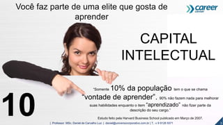10
“Somente 10% da população tem o que se chama
“vontade de aprender”. 90% não fazem nada para melhorar
suas habilidades enquanto o item “aprendizado” não fizer parte da
descrição do seu cargo.”
Estudo feito pela Harvard Business School publicado em Março de 2007.
CAPITAL
INTELECTUAL
3| Professor MSc. Daniel de Carvalho Luz | daniel@universocorporativo.com.br | T. 15 9 9126 5571
Você faz parte de uma elite que gosta de
aprender
 