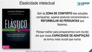 35| Professor MSc. Daniel de Carvalho Luz | daniel@universocorporativo.com.br | T. 15 9 9126 5571
Sair da ZONA DE CONFORTO das soluções
corriqueiras, superar posturas convencionais e
REFORMULAR AS PERGUNTAS que
fazemos.
Pensar melhor para prosperarmos num mundo
em que nossa CAPACIDADE DE ADAPTAÇÃO
se tornou mais crucial que nunca.
Elasticidade intelectual
 