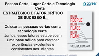 37| Professor MSc. Daniel de Carvalho Luz | daniel@universocorporativo.com.br | T. 15 9 9126 5571
ESTRATÉGICO E FATOR CRÍTICO
DE SUCESSO É...
Colocar as pessoas certas com a
tecnologia certa.
Juntos, esses fatores estabelecem
uma base sólida para oferecer
experiências excelentes e
consistentes aos clientes.
Pessoa Certa, Lugar Certo e Tecnologia
Certa
 