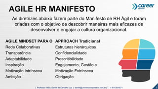 7| Professor MSc. Daniel de Carvalho Luz | daniel@universocorporativo.com.br | T. 15 9 9126 5571
AGILE HR MANIFESTO
As diretrizes abaixo fazem parte do Manifesto de RH Ágil e foram
criadas com o objetivo de descobrir maneiras mais eficazes de
desenvolver e engajar a cultura organizacional.
AGILE MINDSET PARA O APPROACH Tradicional
Rede Colaborativas Estruturas hierárquicas
Transparência Confidencialidade
Adaptabilidade Prescritibilidade
Inspiração Engajamento, Gestão e
Motivação Intrínseca Motivação Extrínseca
Ambição Obrigação
 