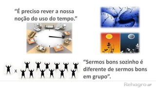 X
“É preciso rever a nossa
noção do uso do tempo.”
“Sermos bons sozinho é
diferente de sermos bons
em grupo”.
 