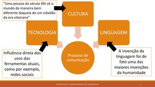 Processo de
comunicação
TECNOLOGIA
CULTURA
LINGUAGEM
ANDERSON PONTES - DISSONPONTES@GMAIL.COM | @DISSONPONTES 4
A invenção da
linguagem foi de
fato uma das
maiores invenções
da humanidade
Influência direta dos
usos das
ferramentas atuais,
como por exemplo,
redes sociais
“Uma pessoa do século XXI vê o
mundo de maneira bem
diferente daquela de um cidadão
da era vitoriana”
 