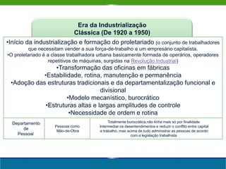 Era da IndustrializaçãoClássica (De 1920 a 1950)Início da industrialização e formação do proletariado (o conjunto de trabalhadores que necessitam vender a sua força-de-trabalho a um empresário capitalista.
