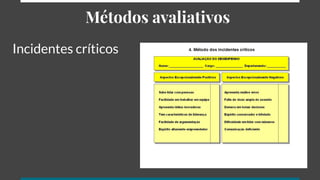 Métodos avaliativos
Incidentes críticos
 