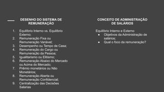 DESENHO DO SISTEMA DE
REMUNERAÇÃO
1. Equilíbrio Interno vs. Equilíbrio
Externo;
2. Remuneração Fixa ou
Remuneração Variável;
3. Desempenho ou Tempo de Casa;
4. Remuneração do Cargo ou
Remuneração da Pessoa;
5. Igualitarismo ou Elitismo;
6. Remuneração Abaixo do Mercado
ou Acima do Mercado;
7. Prêmio monetários ou Não
Monetários;
8. Remuneração Aberta ou
Remuneração Confidencial;
9. Centralização das Decisões
Salarias
CONCEITO DE ADMINISTRAÇÃO
DE SALÁRIOS
Equilíbrio Interno e Externo
● Objetivos da Administração de
salários;
● Qual o foco da remuneração?
 