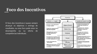 Foco dos Incentivos
O foco dos incentivos é quase sempre
alcançar os objetivos e entrega de
resultados, ou esse foco pode estar no
desempenho ou na oferta de
competências individuais.
 