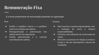 Remuneração Fixa
Prós
➔ Facilita o equilíbrio interno e o equilíbrio
externo em relação aos salários.
➔ Homogeneização e padronização dos
salários dentro da organização.
➔ Facilita administração e o controle
centralizado dos salários.
Contras
➔ Não incentiva o espírito empreendedor, nem
a aceitação de riscos e maiores
responsabilidades.
➔ Funciona como elemento de conservação da
rotina.
➔ Remunera as pessoas em relação ao tempo e
função e não por desempenho e alcance de
resultados.
É a forma predominante de remuneração presentes na organização
 