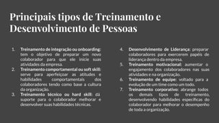 Principais tipos de Treinamento e
Desenvolvimento de Pessoas
1. Treinamento de integração ou onboarding:
tem o objetivo de preparar um novo
colaborador para que ele inicie suas
atividades da empresa.
2. Treinamento comportamental ou soft skill:
serve para aperfeiçoar as atitudes e
habilidades comportamentais dos
colaboradores tendo como base a cultura
da organização.
3. Treinamento técnico ou hard skill: dá
suporte para o colaborador melhorar e
desenvolver suas habilidades técnicas.
4. Desenvolvimento de Liderança: preparar
colaboradores para exercerem papéis de
liderança dentro da empresa.
5. Treinamento motivacional: aumentar o
engajamento dos colaboradores nas suas
atividades e na organização.
6. Treinamento de equipe: voltado para a
evolução de um time como um todo.
7. Treinamento corporativo: abrange todos
os demais tipos de treinamento,
desenvolvendo habilidades especíﬁcas do
colaborador para melhorar o desempenho
de toda a organização.
 