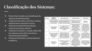 Classiﬁcação dos Sistemas:
➔ Rensis Likert propõe uma classiﬁcação de
sistemas de administração;
➔ 1.Sistema Autocrático coercitivo: sistema
administrativo autoritário e forte;
➔ 2.Sistema Autoritário benevolente:
evolução do sistema anterior;
➔ 3.Sistema Consultivo: variação melhorada
dos sistemas autocrático coercitivo e
Autoritário benevolente;
➔ 4.Sistema Participativo: democrático por
excelência,
 