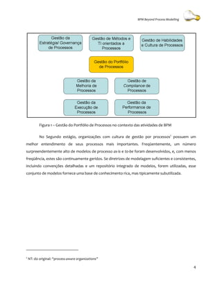 BPM Beyond Process Modelling




           Figura 1 – Gestão do Portfólio de Processos no contexto das atividades de BPM

           No Segundo estágio, organizações com cultura de gestão por processos2 possuem um
melhor entendimento de seus processos mais importantes. Freqüentemente, um número
surpreendentemente alto de modelos de processo as-is e to-be foram desenvolvidos, e, com menos
freqüência, estes são continuamente geridos. Se diretrizes de modelagem suficientes e consistentes,
incluindo convenções detalhadas e um repositório integrado de modelos, forem utilizadas, esse
conjunto de modelos fornece uma base de conheci
                                        conhecimento rica, mas tipicamente subutilizada.
                                                                           sub




2
    NT: do original: “process-aware organizations”
                              aware

                                                                                                   4
 