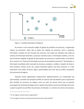 BPM Beyond Process Modelling




           Figura 3 – Portfólio Cliente
                                Cliente-Risco-Freqüência

           No terceiro e mais avançado estágio da gestão de portfólios de processos, a organização
madura em processos4, utiliza não só dados dos modelos de processos, como a respectiva
informação a respeito da real execução dos processos. Isso exige uma utilização mais ampla de
sistemas de informação orientados a processo incluindo acesso a informações analíticas. Uma vez
                                    processo,
que tal sistema integrado de gestão de desempenho dos processos é implementado, os benefícios
de se construir um “sistema de informação executivo de ownership de processos”5 são ilimitados. A
informação consolidada sobre execução de processos, exceções, e análises a respeito de tempo e
entre produtos, clientes, locais, etc., podem facilmente popular um data warehouse. E o mais
                                                                 uma     warehouse
importante: esses dados fornecem, agora, oportunidades para todo tipo de análise comparativa
                                  agora,
entre processos de negócio.

           Enquanto muitas organizações amadureceram significativamente sua compreensão das
oportunidades, e também das restrições de BPM, em diversas não está definido quem é responsável
pelo portfólio de processos de negócio como um todo. Da mesma forma que um gerente
                                                   .
encarregado do marketing estratégico não é o gerente de produto, haverá uma distinção clara entre
                                                               ,
o papel do gerente de portfólio de proc
                                   processos centralizado e os deveres dos donos de processos,
                                                                                    processos



4
    NT: do original: “process-mature organization
                              mature organizations”
5
    NT: do original: “process ownership executive information system (POEIS)”
                      process

                                                                                                          7
 