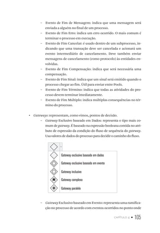 capítulo 4 • 105
–– Evento de Fim de Mensagem: indica que uma mensagem será
enviada a alguém no final de um processo.
–– Evento de Fim Erro: indica um erro ocorrido. O mais comum é
terminar o processo em execução.
–– Evento de Fim Cancelar: é usado dentro de um subprocesso, in-
dicando que uma transação deve ser cancelada e acionará um
evento intermediário de cancelamento. Deve também enviar
mensagens de cancelamento (como protocolo) às entidades en-
volvidas.
–– Evento de Fim Compensação: indica que será necessária uma
compensação.
–– Evento de Fim Sinal: indica que um sinal será emitido quando o
processo chegar ao fim. Útil para enviar entre Pools.
–– Evento de Fim Término: indica que todas as atividades do pro-
cesso devem terminar imediatamente.
–– Evento de Fim Múltiplo: indica múltiplas consequências no tér-
mino do processo.
•  Gateways: representam, como vimos, pontos de decisão.
–– Gateway Exclusivo baseado em Dados: representa o tipo mais co-
mum de gateway. É baseado na expressão booleana contida no atri-
buto de expressão da condição do fluxo de sequência do gateway.
Usa valores de dados do processo para decidir o caminho do fluxo.
Gateway exclusivo baseado em dados
Gateway exclusivo baseado em evento
Gateway inclusivo
Gateway complexo
Gateway paralelo
–– Gateway Exclusivo baseado em Evento: representa uma ramifica-
ção no processo de acordo com eventos ocorridos no ponto onde
 