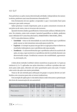 114 • capítulo 4
4.8  GUT
Para priorizar as ações numa determinada atividade, independente da nature-
za desta, podemos usar uma ferramenta chamada GUT.
Esta ferramenta irá nos ajudar a responder o que é necessário fazer para
começar e por onde começar.
Saber priorizar é muito importante, pois as ações consomem recursos de
um jeito ou de outro, mas os recursos são escassos.
Quando tivermos dados quantificáveis é interessante utilizar o Método de Pa-
reto. No entanto, como nem sempre é possível quantificar os dados, podemos
usar o Método GUT como boa alternativa. (MARANHÃO e MACIEIRA, 2004).
GUT é uma abreviatura e define:
•  Gravidade – trata-se da intensidade ou custo dos danos que o problema
pode causar se não tomarmos uma ação para resolvê-lo;
•  Urgência - é o tempo ou prazo em que deve-se agir para evitar os danos ou
resultados indesejáveis caso o problema não seja sanado;
•  Tendência – é o desenvolvimento que o problema sofrerá na ausência de
ação, ou seja, o que ocorrerá se o problema não for resolvido durante um
determinado tempo. Tendências comuns são estabilidade, agravamen-
to, atenuação, etc.
A ideia deste método é atribuir valores numéricos ou pesos de 1 a 5 para as
variáveis G, U e T, aplicadas nas ações descritas e verificar o produto das vari-
áveis para cada ação, obtendo um valor quantitativo para esta ação. O maior
valor será o da ação com maior prioridade.
Trata-se de um método para utilização em grupo e os pesos devem ser atri-
buídos com consenso para não se tornar tendencioso.
Um exemplo de aplicação é o da tabela abaixo onde elencamos a priorização
dos itens de manutenção de um automóvel:
DESCRIÇÃO DO PROBLEMA G U T G x U x T PRIORIDADE
Pneu careca 5 5 4 100 1°
Pára-lama amassado 2 2 2 8 6°
 