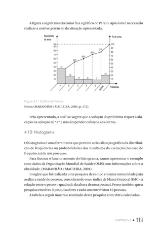 capítulo 4 • 119
A figura a seguir mostra como fica o gráfico de Pareto. Após isto é necessário
realizar a análise gerencial da situação apresentada.
Quantidade
de erros
% de erros
Problemas
Outros
10
20
30
37
(52)
(60)
(68)
(75)
15
8 8 7
19
40
50
60
70
80
90
94
10
20
30
40
50
60
70
80
90
100
F B G A E
Figura 4.11 Gráfico de Pareto.
Fonte: (MARANHÃO e MACIEIRA, 2004, p. 172).
Pelo apresentado, a análise sugere que a solução do problema requer a alo-
cação na solução de “F” e não despender esforços aos outros.
4.10  Histograma
O histograma é uma ferramenta que permite a visualização gráfica da distribui-
ção de frequências ou probabilidades dos resultados da execução (no caso de
frequência) de um processo.
Para ilustrar o funcionamento do histograma, vamos apresentar o exemplo
com dados da Organização Mundial de Saúde (OMS) com informações sobre a
obesidade. (MARANHÃO e MACIEIRA, 2004).
Imagine que foi realizada uma pesquisa de campo em uma comunidade para
avaliar a saúde de pessoas, considerando o seu índice de Massa Corporal (IMC – a
relação entre o peso e o quadrado da altura de uma pessoa). Pense também que a
pesquisa envolveu 5 pesquisadores e cada um entrevistou 10 pessoas.
A tabela a seguir mostra o resultado desta pesquisa com IMCs calculados.
 