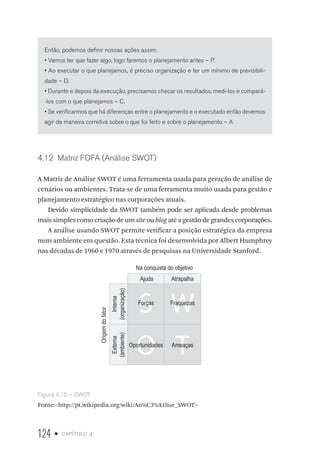 124 • capítulo 4
Então, podemos definir nossas ações assim:
• Vamos ter que fazer algo, logo faremos o planejamento antes – P.
• Ao executar o que planejamos, é preciso organização e ter um mínimo de previsibili-
dade – D.
• Durante e depois da execução, precisamos checar os resultados, medi-los e compará-
-los com o que planejamos – C.
• Se verificarmos que há diferenças entre o planejamento e o executado então devemos
agir de maneira corretiva sobre o que foi feito e sobre o planejamento – A
4.12  Matriz FOFA (Análise SWOT)
A Matriz de Análise SWOT é uma ferramenta usada para geração de análise de
cenários ou ambientes. Trata-se de uma ferramenta muito usada para gestão e
planejamento estratégico nas corporações atuais.
Devido simplicidade da SWOT também pode ser aplicada desde problemas
mais simples como criação de umsite oublog até a gestão de grandes corporações.
A análise usando SWOT permite verificar a posição estratégica da empresa
num ambiente em questão. Esta técnica foi desenvolvida por Albert Humphrey
nas décadas de 1960 e 1970 através de pesquisas na Universidade Stanford.
Na conquista do objetivo
Origemdofator
Externa
(ambiente)
Interna
(organização)
Ajuda Atrapalha
S W
O TOportunidades Ameaças
FraquezasForças
Figura 4.15 – SWOT
Fonte:http://pt.wikipedia.org/wiki/An%C3%A1lise_SWOT
 