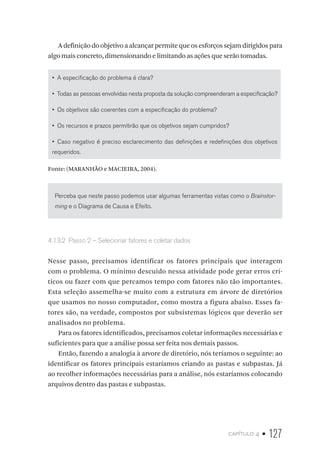 capítulo 4 • 127
A definição do objetivo a alcançar permite que os esforços sejam dirigidos para
algo mais concreto, dimensionando e limitando as ações que serão tomadas.
•  A especificação do problema é clara?
•  Todas as pessoas envolvidas nesta proposta da solução compreenderam a especificação?
•  Os objetivos são coerentes com a especificação do problema?
•  Os recursos e prazos permitirão que os objetivos sejam cumpridos?
•  Caso negativo é preciso esclarecimento das definições e redefinições dos objetivos
requeridos.
Fonte: (MARANHÃO e MACIEIRA, 2004).
Perceba que neste passo podemos usar algumas ferramentas vistas como o Brainstor-
ming e o Diagrama de Causa e Efeito.
4.13.2  Passo 2 – Selecionar fatores e coletar dados
Nesse passo, precisamos identificar os fatores principais que interagem
com o problema. O mínimo descuido nessa atividade pode gerar erros crí-
ticos ou fazer com que percamos tempo com fatores não tão importantes.
Esta seleção assemelha-se muito com a estrutura em árvore de diretórios
que usamos no nosso computador, como mostra a figura abaixo. Esses fa-
tores são, na verdade, compostos por subsistemas lógicos que deverão ser
analisados no problema.
Para os fatores identificados, precisamos coletar informações necessárias e
suficientes para que a análise possa ser feita nos demais passos.
Então, fazendo a analogia à arvore de diretório, nós teríamos o seguinte: ao
identificar os fatores principais estaríamos criando as pastas e subpastas. Já
ao recolher informações necessárias para a análise, nós estaríamos colocando
arquivos dentro das pastas e subpastas.
 