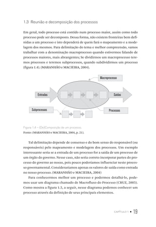 capítulo 1 • 19
1.3  Reunião e decomposição dos processos
Em geral, todo processo está contido num processo maior, assim como todo
processo pode ser decomposto. Dessa forma, não existem fronteiras bem defi-
nidas a um processo e isto dependerá de quem fará o mapeamento e a mode-
lagem dos mesmos. Para delimitação do tema e melhor compreensão, vamos
trabalhar com a denominação macroprocesso quando estivermos falando de
processos maiores, mais abrangentes; Se dividirmos um macroprocesso tere-
mos processos e teremos subprocessos, quando subdividirmos um processo
(figura 1.4). (MARANHÃO e MACIEIRA, 2004).
Entradas Saídas
ProcessosSubprocessos
Macroprocesso
Figura 1.4 – (De)Composição de um processo.
Fonte: (MARANHÃO e MACIEIRA, 2004, p. 21).
Tal delimitação depende de consenso e do bom senso do responsável (ou
responsáveis) pelo mapeamento e modelagem dos processos. Um exemplo
interessante seria se a entrada de um processo for a saída de um processo de
um órgão do governo. Nesse caso, não seria correto incorporar partes do pro-
cesso do governo ao nosso, pois pouco poderíamos influenciar neste proces-
so governamental. Consideraríamos apenas os valores de saída como entrada
no nosso processo. (MARANHÃO e MACIEIRA, 2004)
Para conhecermos melhor um processo e podermos detalhá-lo, pode-
mos usar um diagrama chamado de Macrofluxo do Processo (CRUZ, 2005).
Como mostra a figura 1.5, a seguir, nesse diagrama podemos conhecer um
processo através da definição de seus principais elementos.
 