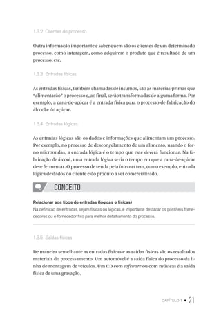 capítulo 1 • 21
1.3.2  Clientes do processo
Outra informação importante é saber quem são os clientes de um determinado
processo, como interagem, como adquirem o produto que é resultado de um
processo, etc.
1.3.3  Entradas físicas
As entradas físicas, também chamadas de insumos, são as matérias-primas que
“alimentarão” o processo e, ao final, serão transformadas de alguma forma. Por
exemplo, a cana-de-açúcar é a entrada física para o processo de fabricação do
álcool e do açúcar.
1.3.4  Entradas lógicas
As entradas lógicas são os dados e informações que alimentam um processo.
Por exemplo, no processo de descongelamento de um alimento, usando o for-
no microondas, a entrada lógica é o tempo que este deverá funcionar. Na fa-
bricação de álcool, uma entrada lógica seria o tempo em que a cana-de-açúcar
deve fermentar. O processo de venda pela internet tem, como exemplo, entrada
lógica de dados do cliente e do produto a ser comercializado.
CONCEITO
Relacionar aos tipos de entradas (lógicas e físicas)
Na definição de entradas, sejam físicas ou lógicas, é importante destacar os possíveis forne-
cedores ou o fornecedor fixo para melhor detalhamento do processo.
1.3.5  Saídas físicas
De maneira semelhante as entradas físicas e as saídas físicas são os resultados
materiais do processamento. Um automóvel é a saída física do processo da li-
nha de montagem de veículos. Um CD com software ou com músicas é a saída
física de uma gravação.
 
