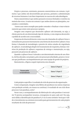 capítulo 1 • 25
Projeto e processo, entretanto, possuem características em comum. A pri-
meira é que ambos são desenvolvidos por pessoas, portanto a administração
de recursos humanos é um fator importante no sucesso de cada abordagem.
Outra característica é que ambos possuem recursos limitados e restritos na
maioria das vezes. A outra em comum é que ambos devem ser planejados, exe-
cutados e controlados.
Vamos usar outro exemplo para poder entender e finalizar o inter-relacio-
namento que existe entre processo e projeto.
Imagine uma empresa que desenvolve software sob demanda, ou seja, o
cliente precisa de um determinado tipo de sistema, e esta empresa desenvolve
o pedido de acordo com a necessidade.
Empresas de desenvolvimento como essa são chamadas de software house e
normalmente possuem internamente uma forma de desenvolver software. Essa
forma é chamada de metodologia e provém de vários estudos de engenharia
de software. A metodologia dispõe de levantamento de requisitos, formas e téc-
nicas de produção de software, esquemas de entrega e manutenção, ou seja,
possuem um processo de software.
Quando a software house é alocada a um determinado sistema de um clien-
te, ela fica alocada a um projeto, pois este possui peculiaridades, prazos e recur-
sos que justificam o acompanhamento por uma equipe de gestão de projetos.
Basicamente, a figura a seguir representa esta situação:
Processo-padrão
de desenvolvimento
Sistema X (Projeto X)
Sistema Y (Projeto Y)
Sistema Z (Projeto Z)
Cada projeto específico é resultado do ciclo do processo da organização.
Como comparação, imagine uma fábrica de parafusos (ou outras empresas
com produção seriada, em massa ou contínua). O resultado de um ciclo deste
processo é um parafuso, certo?
Nesse caso, o acompanhamento da fabricação de cada parafuso é necessá-
rio? É preciso acompanhar recursos, cronograma etc para cada um? Ou seja,
será válida a identificação do parafuso X, Y ou Z como unitário? Será que é váli-
do o investimento na estrutura necessária para gerenciamento de cada projeto
resultante do ciclo do processo?
 