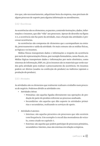 capítulo 2 • 41
rios que, não necessariamente, adquiriram bens da empresa, mas precisam de
algum processo de suporte para alguma informação ou atendimento.
2.3.2  Ocorrências
As ocorrências são os elementos, os pacotes, contendo instruções, dados, infor-
mações e insumos, que dão “vida” aos processos. Apesar do desenho na figura
2.5, a ocorrência não faz parte da atividade, mas a função das atividades é pro-
cessar ocorrências.
As ocorrências são compostas de elementos que a acompanham na entra-
da, processamento e saída da atividade. Os mais comuns são as mídias físicas,
as lógicas e os insumos.
Mídias físicas transportam dados e informações a respeito da ocorrência
por meio de representações físicas, por exemplo formulários, notas fiscais, etc.
Mídias lógicas transportam dados e informações por meio eletrônico, como
sistemas de informação, ERP, etc. Já os insumos são os materiais que serão usa-
dos pela atividade para realizar o processamento da ocorrência. Os insumos
podem ser diretos (usados na confecção do produto) ou indiretos (apoiam a
produção do produto).
2.3.3  Atividades
As atividades são os elementos que realmente realizam o trabalho num proces-
so de negócio. Podemos dividir as atividades em:
•  Atividades Ativas
•	 Primárias: são aquelas ligadas diretamente nas operações de pro-
dução de parte do produto referente ao processo analisado.
•	 Secundárias: são aquelas que dão suporte às atividades primá-
rias e secundárias, realizando os serviços de apoio.
•  Atividades Latentes
•	 Internas: são aquelas presentes em processos que não ocorrem
com frequência. Um exemplo é o recall das montadoras de veícu-
lo, como citado no capítulo 1.
•	 Externas: são aquelas que podem participar de processos primários,
secundários e latentes, mas são externas em relação a empresa.
 