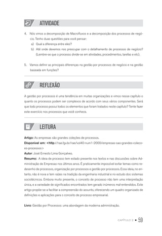 capítulo 2 • 59
ATIVIDADE
4.  Nós vimos a decomposição de Macrofluxos e a decomposição dos processos de negó-
cio. Tenho duas questões para você pensar:
a)	 Qual a diferença entre eles?
b)	 Até onde devemos nos preocupar com o detalhamento de processos de negócio?
(Lembre-se que o processo divide-se em atividades, procedimentos, tarefas e etc).
5.  Vamos definir as principais diferenças na gestão por processos de negócio e na gestão
baseada em funções?
REFLEXÃO
A gestão por processos é uma tendência em muitas organizações e vimos nesse capítulo o
quanto os processos podem ser complexos de acordo com seus vários componentes. Será
que todo processo possui todos os elementos que foram tratados neste capítulo? Tente fazer
este exercício nos processos que você conhece.
LEITURA
Artigo: As empresas são grandes coleções de processos.
Disponível em: http://rae.fgv.br/rae/vol40-num1-2000/empresas-sao-grandes-coleco-
es-processos
Autor: José Ernesto Lima Gonçalves.
Resumo: A ideia de processo tem estado presente nos textos e nas discussões sobre Ad-
ministração de Empresas nos últimos anos. É praticamente impossível evitar temas como re-
desenho de processos, organização por processos e gestão por processos. Essa ideia, no en-
tanto, não é nova e tem raízes na tradição da engenharia industrial e no estudo dos sistemas
sociotécnicos. Embora muito presente, o conceito de processo não tem uma interpretação
única, e a variedade de significados encontrados tem gerado inúmeros mal-entendidos. Este
artigo propõe-se a facilitar a compreensão do assunto, oferecendo um quadro organizado de
definições e aplicações para o conceito de processo empresarial.
Livro: Gestão por Processos: uma abordagem da moderna administração.
 