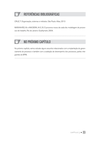 capítulo 3 • 89
REFERÊNCIAS BIBLIOGRÁFICAS
CRUZ, T. Organização, sistemas e métodos. São Paulo: Atlas, 2013
MARANHÃO, M. e MACIEIRA, M. E. B. O processo nosso de cada dia: modelagem de proces-
sos de trabalho. Rio de Janeiro: Qualitymark, 2004.
NO PRÓXIMO CAPÍTULO
No próximo capítulo, vamos estudar alguns assuntos relacionados com a implantação do geren-
ciamento do processo e também com a avaliação de desempenho dos processos, partes inte-
grantes do BPM.
 