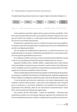 capítulo 4 • 93
4.1  Implantação do gerenciamento do processo
A implantação da gestão por processos segue a lógica mostrada na figura 4.1.
Mapeamento
dos processos
Modelagem
Divulgação da
modelagem
Implantação
Gestão por
processos
Figura 4.1 – Implantação da gestão por processos – CÂNDIDO, SILVA e ZUHLKE, 2008
Como podemos perceber, alguns destes passos já foram estudados. Tam-
bém é possível perceber que existe uma sequência natural e lógica entre as eta-
pas. De acordo com a figura 4.1, cada etapa recebe informações da etapa ante-
rior para ser executada corretamente.
Na primeira e segunda fase, deve-se escolher o(s) processo(s) mais significa-
tivos para a operação da organização ou aqueles que devem ser modificados de
acordo com alguma prioridade.
Em um projeto de implantação de processos, a escolha do processo a ser
analisado pode ser um pouco complicada, principalmente se esta empresa pos-
suir uma grande quantidade de processos.
Se a empresa escolher o processo errado, ela poderá perder dinheiro, tempo
e não ter a sua mudança de modelo de gestão implantada com sucesso.
Segundo Cândido, Silva e Zuhlke (2008), a organização deve então colocar
maior prioridade nos processos que mostram o maior número de problemas a
serem corrigidos, pois estes podem ser responsáveis por grande parte da inade-
quação de seu processo produtivo como um todo.
Vamosestudaralgumasferramentasqueajudamnadeterminaçãodequalpro-
cesso podeseranalisadoafimdebuscaraimplantaçãodemelhorias:diagramade
Pareto, Ishikawa (ou diagrama espinha de peixe), lista de verificação e histograma.
O uso da gestão por processos representa, em muitas organizações, uma
mudança cultural muito grande e, para fazer uma adaptação mais tranquila
para as mudanças, é necessário estabelecer um programa de treinamento e
capacitação bem definido, além de um treinamento comportamental muito
forte, com total apoio da direção da organização.
Nas normas da ISO 10015:2001 – Gestão da Qualidade – Diretrizes para
treinamento, podem ser encontradas algumas sugestões de treinamentos téc-
nicos/comportamentais para auxíliar a implantação da gestão por processos.
 
