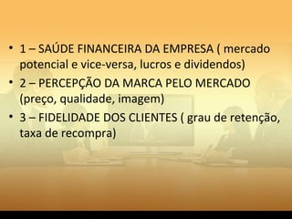 • 1 – SAÚDE FINANCEIRA DA EMPRESA ( mercado
potencial e vice-versa, lucros e dividendos)
• 2 – PERCEPÇÃO DA MARCA PELO MERCADO
(preço, qualidade, imagem)
• 3 – FIDELIDADE DOS CLIENTES ( grau de retenção,
taxa de recompra)

 