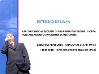 EXTENSÃO DE LINHA
APROVEITANDO O SUCESSO DE UM PRODUTO ORIGINAL E OPTA
POR LANÇAR NOVOS PRODUTOS SEMELHANTES.
EXEMPLO: PEPSI-COLA TRADICIONAL E PEPSI TWIST
( todo sabor PEPSI com um leve toque de limão)

 