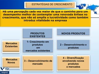 ESTRATÉGIAS DE CRESCIMENTO
Há uma percepção cada vez maior de que o caminho para um
desempenho melhor de contemplar uma renovada ênfase no
crescimento, que não só amplia a lucratividade como também
introduz vitalidade na empresa

PRODUTOS
EXISTENTES
Mercados
Existentes

Mercados
Novos

NOVOS PRODUTOS

1- Crescimento em
produtos
em
mercados existentes

2 – Desenvolvimento e
produtos

3 – Desenvolvimento de
mercado

4 – Diversificação
envolvendo novos
produtos
e mercados

 