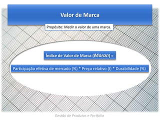 Valor de Marca
Propósito: Medir o valor de uma marca.

Índice de Valor de Marca (Moran) =
Participação efetiva de mercado (%) * Preço relativo (I) * Durabilidade (%)

Gestão de Produtos e Portfolio

 