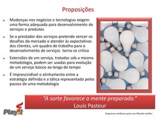 Proposições
►   Mudanças nos negócios e tecnologias exigem
    uma forma adequada para desenvolvimento de
    serviços e produtos
►   Se o prestador dos serviços pretende vencer os
    desafios do mercado e atender às expectativas
    dos clientes, um quadro de trabalho para o
    desenvolvimento de serviços torna-se crítico
►   Extensões de um serviço, tratadas sob a mesma
    metodologia, podem ser usadas para evolução
    de um serviço básico ao longo do tempo
►   É imprescindível o alinhamento entre a
    estratégia definida e a tática representada pelos
    passos de uma metodologia


                       “A sorte favorece a mente preparada.”
                                    Louis Pasteur
                                                        Empresas melhores para um Mundo melhor
 
