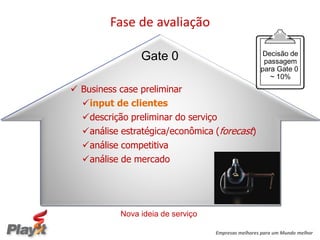 Fase de avaliação

                                                     Decisão de
                Gate 0                               passagem
                                                    para Gate 0
                                                       ~ 10%
 Business case preliminar
  input de clientes
  descrição preliminar do serviço
  análise estratégica/econômica (forecast)
  análise competitiva
  análise de mercado




           Nova ideia de serviço

                                   Empresas melhores para um Mundo melhor
 