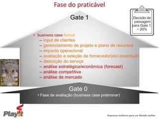 Fase do praticável
                    Gate 1                                  Decisão de
                                                            passagem
                                                           para Gate 1
                                                              ~ 20%
• business case formal
   –   input de clientes
   –   gerenciamento de projeto e plano de recursos
   –   impacto operacional
   –   avaliação e seleção de fornecedor(es) (eventual)
   –   descrição do serviço
   –   análise estratégica/econômica (forecast)
   –   análise competitiva
   –   análise de mercado

                   Gate 0
  • Fase de avaliação (business case preliminar)




                                        Empresas melhores para um Mundo melhor
 