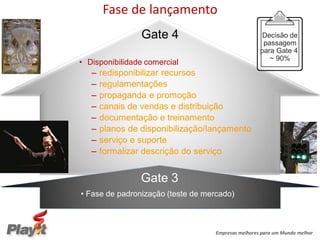 Fase de lançamento
                 Gate 4                               Decisão de
                                                      passagem
                                                     para Gate 4
                                                        ~ 90%
• Disponibilidade comercial
   –   redisponibilizar recursos
   –   regulamentações
   –   propaganda e promoção
   –   canais de vendas e distribuição
   –   documentação e treinamento
   –   planos de disponibilização/lançamento
   –   serviço e suporte
   –   formalizar descrição do serviço


                 Gate 3
• Fase de padronização (teste de mercado)



                                    Empresas melhores para um Mundo melhor
 