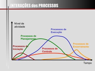 INTERAÇÕES dos PROCESSOS Processos de Iniciação Processos de Planejamento Processos de Execução Processos de Controle Processos de Encerramento Tempo Nível de atividade 