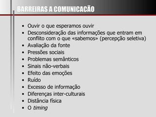 BARREIRAS A COMUNICACÃO Ouvir o que esperamos ouvir Desconsideração das informações que entram em conflito com o que «sabemos» (percepção seletiva) Avaliação da fonte Pressões sociais Problemas semânticos Sinais não-verbais Efeito das emoções Ruído Excesso de informação Diferenças inter-culturais Distância física O  timing 