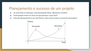 Planejamento e sucesso de um projeto
● Se você falha em planejar, está planejando falhar. (Benjamin Franklin)
● Preocupação maior em fazer do que planejar o que fazer!
● Falta de planejamento é um dos fatores mais comuns para o insucesso de projetos.
 