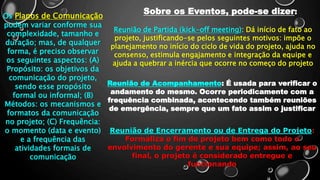 Os Planos de Comunicação
podem variar conforme sua
complexidade, tamanho e
duração; mas, de qualquer
forma, é preciso observar
os seguintes aspectos: (A)
Propósito: os objetivos da
comunicação do projeto,
sendo esse propósito
formal ou informal; (B)
Métodos: os mecanismos e
formatos da comunicação
no projeto; (C) Frequência:
o momento (data e evento)
e a frequência das
atividades formais de
comunicação
Sobre os Eventos, pode-se dizer:
Reunião de Partida (kick-off meeting): Dá início de fato ao
projeto, justificando-se pelos seguintes motivos: impõe o
planejamento no início do ciclo de vida do projeto, ajuda no
consenso, estimula engajamento e integração da equipe e
ajuda a quebrar a inércia que ocorre no começo do projeto
Reunião de Acompanhamento: É usada para verificar o
andamento do mesmo. Ocorre periodicamente com a
frequência combinada, acontecendo também reuniões
de emergência, sempre que um fato assim o justificar
Reunião de Encerramento ou de Entrega do Projeto:
Formaliza o fim do projeto bem como todo o
envolvimento do gerente e sua equipe; assim, ao seu
final, o projeto é considerado entregue e
funcionando
 