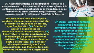 2ª) Acompanhamento de desempenho: Realiza-se o
acompanhamento tático para verificar se a execução está de
conforme o planejado, analisando-se os indicadores e se os
desvios estão sendo tratados adequadamente. Esse
acompanhamento é realizado no Escritório de Projetos
Trata-se de um local central para
conduzir, planejar, organizar, controlar
e finalizar as atividades do projeto,
cujas funções são: (A) Orientar e
apoiar a organização no
desenvolvimento de seus projetos; (B)
Desenvolver e manter atualizada uma
metodologia de gerenciamento de
projetos; (C) Integrar e coordenar a
gestão de projetos; (D) Fornecer
informações estratégicas à Alta
Administração, aos Stakeholders, aos
Gerentes de Projetos e à organização
3ª Etapa - Acompanhamento
executivo: É realizado o
acompanhamento estratégico
para apresentar os resultados
dos projetos. Esse
acompanhamento normalmente
ocorre em reunião mensal,
realizada entre o Escritório de
Projetos (PMO) e a Alta
Administração
 