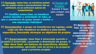 C) Equipe do
Projeto –
Existem 5 fases
para compor uma
equipe:
1ª) Formação: nessa fase, os membros podem
não ter papéis claros e provavelmente não se
conhecem, ou se conhecem apenas de
cumprimentar
2ª) Conflito: nessa fase, os membros
podem desafiar a autoridade do líder, já
que a existência do grupo tende a limitar a
sua expressão individual
3ª) Normas: nessa
fase, as regras de
conduta
determinam papéis
e responsabilidades,
criando um
sentimento de
trabalho de grupo e
coesão
4ª) Desempenho: o grupo se transforma em equipe, onde
cada um dos membros se dedica a uma tarefa
específica, buscando alcançar os objetivos do projeto
5ª) Encerramento: essa fase é alcançada quando o
projeto é encerrado, causando a dissolução do grupo. O
líder deve fazer um balanço da experiência, debater
lições aprendidas, aprender com os erros e se preparar
para o próximo projeto
 