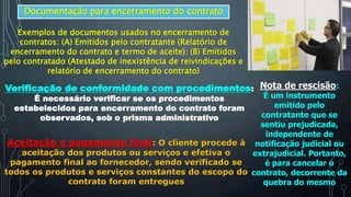 Documentação para encerramento do contrato
Exemplos de documentos usados no encerramento de
contratos: (A) Emitidos pelo contratante (Relatório de
encerramento do contrato e termo de aceite); (B) Emitidos
pelo contratado (Atestado de inexistência de reivindicações e
relatório de encerramento do contrato)
Nota de rescisão:
É um instrumento
emitido pelo
contratante que se
sentiu prejudicada,
independente de
notificação judicial ou
extrajudicial. Portanto,
é para cancelar o
contrato, decorrente da
quebra do mesmo
Verificação de conformidade com procedimentos:
É necessário verificar se os procedimentos
estabelecidos para encerramento do contrato foram
observados, sob o prisma administrativo
Aceitação e pagamento final: O cliente procede à
aceitação dos produtos ou serviços e efetiva o
pagamento final ao fornecedor, sendo verificado se
todos os produtos e serviços constantes do escopo do
contrato foram entregues
 